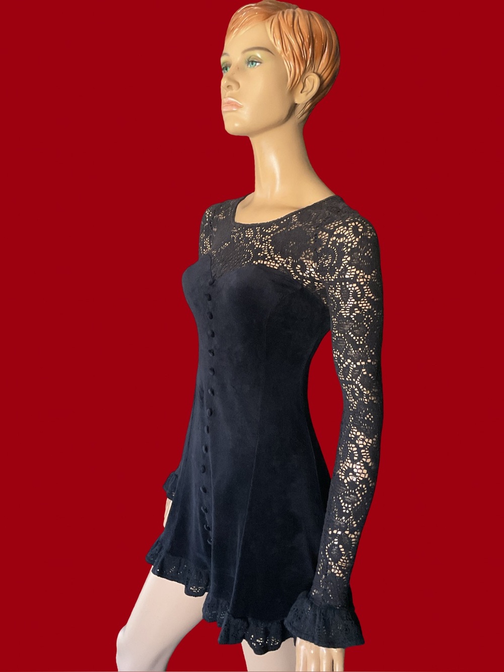VINTAGE BETSEY JOHNSON BLACK VELVET LACE TRIM LONG SLEEVE MINI DRESS Sz S